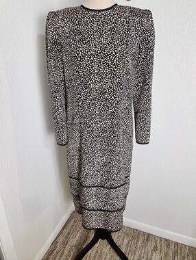 Leslie Fay Vintage Black & Beige Dotted Midi-Dress with Black Trim, Size 10